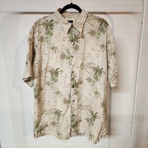 Vintage Basic Editions 2X Button Down Shirt Tropical Map Palm Tree Short‎ Sleeve